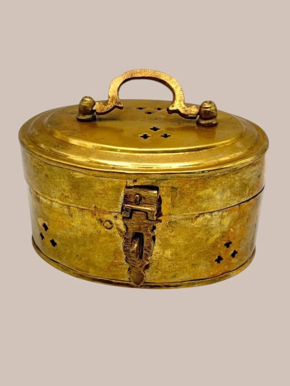 Vintage Brass Trinket Box Pierced Lidded Hinged Indian Betel Spice Box